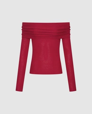  URBAN REVIVO - Áo dệt kim nữ trễ vai tay dài xếp li 