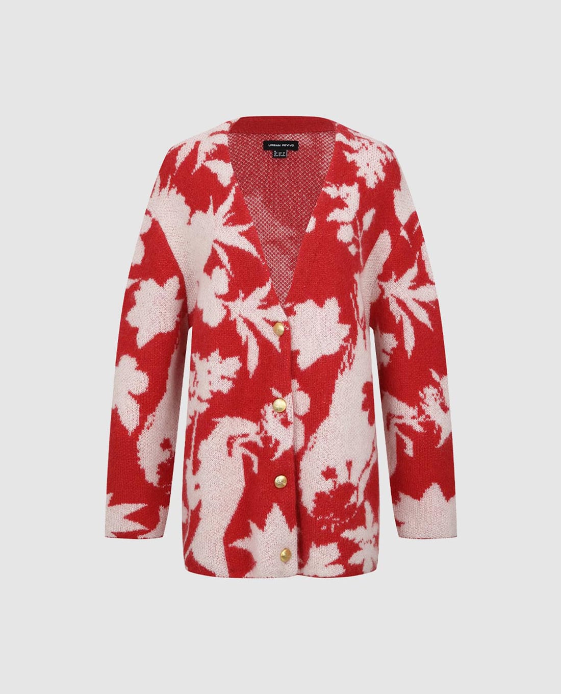 URBAN REVIVO - Áo khoác cardigan nữ cổ V dệt họa tiết hoa