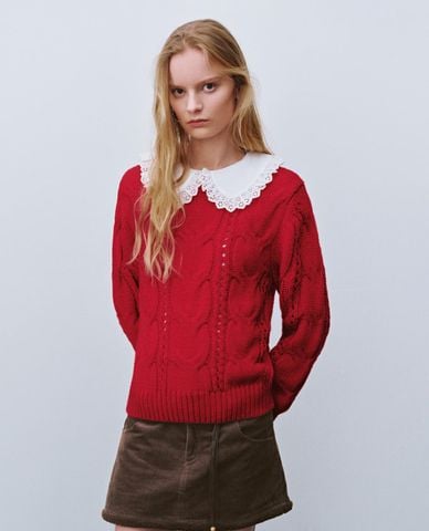  URBAN REVIVO - Áo dệt kim nữ cổ tròn tay dài họa tiết đan 