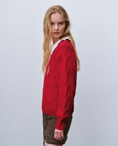  URBAN REVIVO - Áo dệt kim nữ cổ tròn tay dài họa tiết đan 