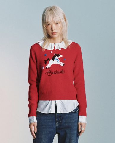  URBAN REVIVO - Áo dệt kim nữ cổ bẻ tay dài dệt họa tiết 