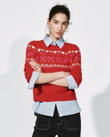  URBAN REVIVO - Áo dệt kim nữ cổ tròn tay dài phối họa tiết 