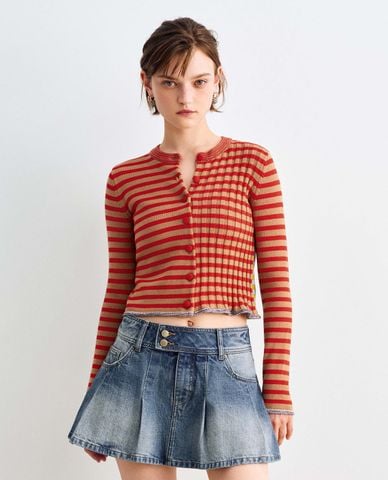  URBAN REVIVO - Áo khoác cardigan nữ tay dài phối nút kẻ sọc 