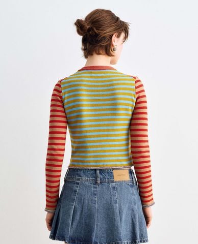  URBAN REVIVO - Áo khoác cardigan nữ tay dài phối nút kẻ sọc 