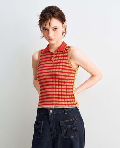  URBAN REVIVO - Áo croptop nữ dệt kim sát nách kẻ sọc 