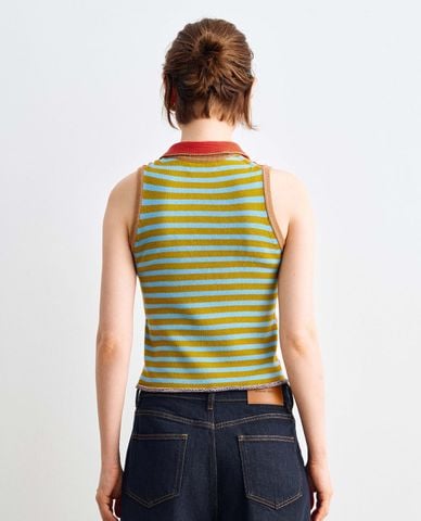  URBAN REVIVO - Áo croptop nữ dệt kim sát nách kẻ sọc 