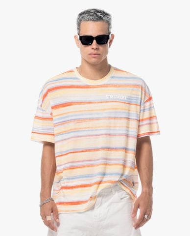  STRESSMAMA - Áo thun unisex cổ tròn tay ngắn kẻ sọc 