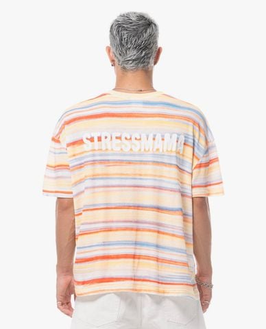  STRESSMAMA - Áo thun unisex cổ tròn tay ngắn kẻ sọc 