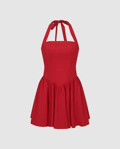  URBAN REVIVO - Đầm sát nách mini cổ yếm xếp tầng 