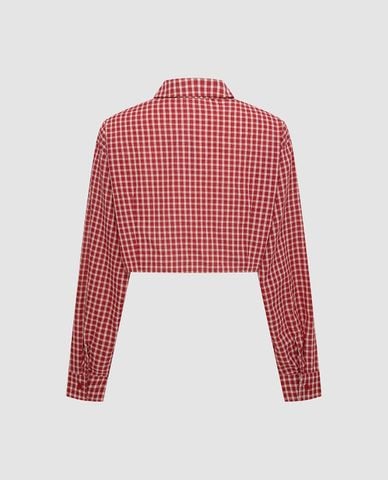  URBAN REVIVO - Áo sơ mi nữ tay dài phom croptop kẻ caro 