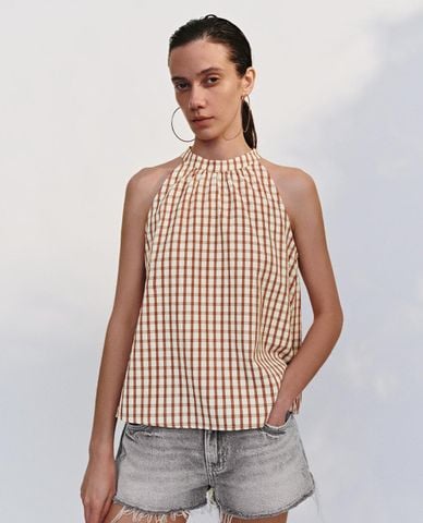  URBAN REVIVO - Áo sát nách nữ cổ yếm kẻ caro 