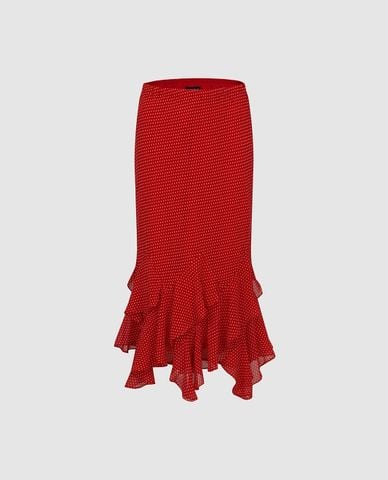  URBAN REVIVO - Chân váy midi đuôi cá chấm bi viền bèo 