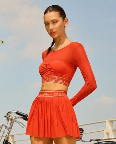  OLABEN - Áo croptop nữ tay dài nhún ngực 
