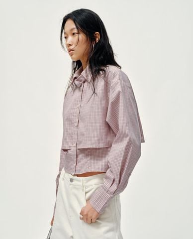  URBAN REVIVO - Áo sơ mi nữ kẻ caro cổ nơ phom croptop 
