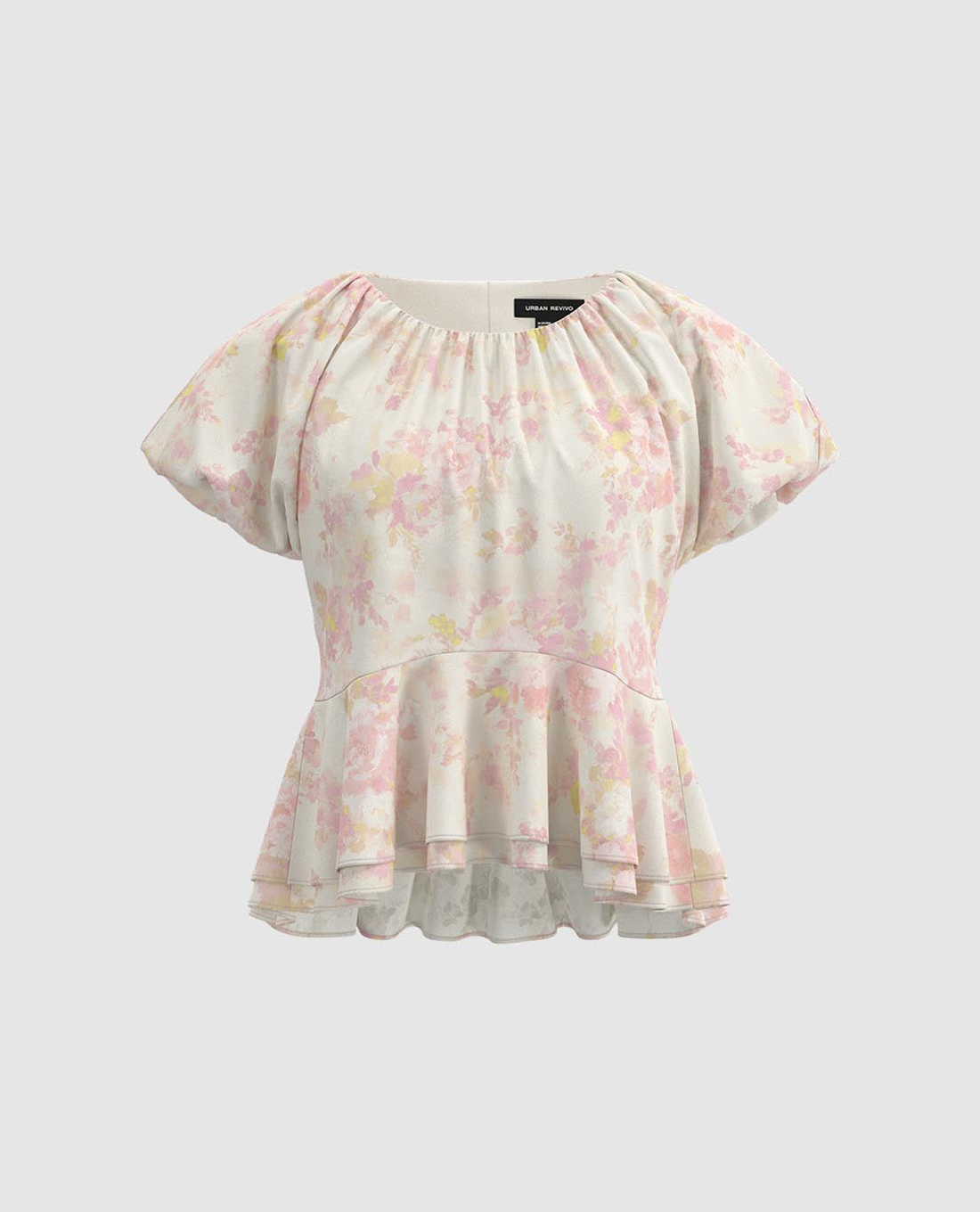 URBAN REVIVO - Áo kiểu nữ cổ tròn tay phồng Floral