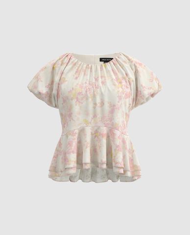  URBAN REVIVO - Áo kiểu nữ cổ tròn tay phồng Floral 