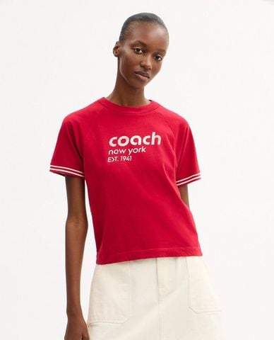  COACH - Áo thun nữ cổ tròn tay ngắn in logo 