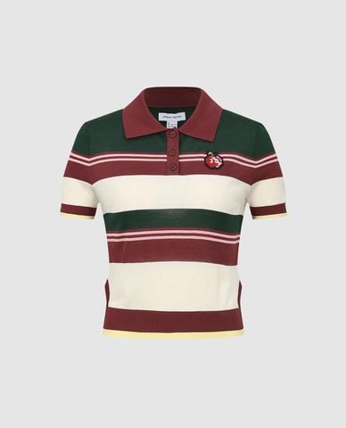  URBAN REVIVO - Áo polo nữ dệt kim cổ bẻ tay ngắn sọc ngang 