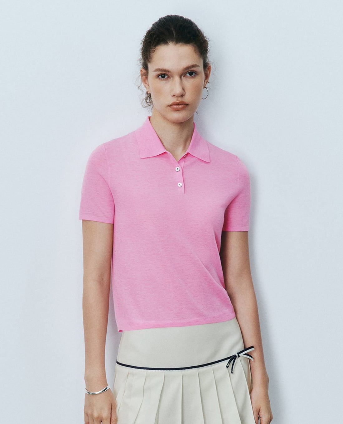 URBAN REVIVO - Áo dệt kim nữ cổ bẻ tay ngắn