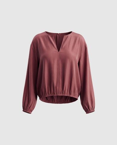  URBAN REVIVO - Áo kiểu nữ cổ V tay dài bo chun 