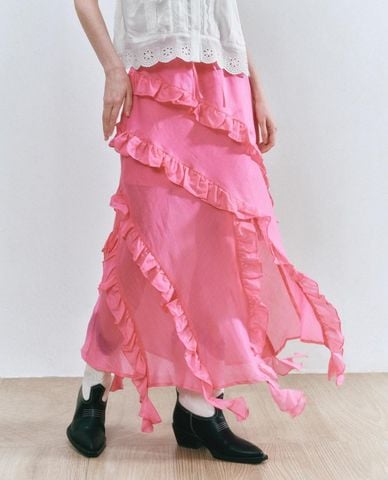  URBAN REVIVO - Chân váy xếp tầng midi phối bèo nhún 