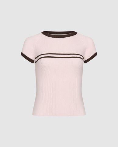  URBAN REVIVO - Áo dệt kim nữ cổ tròn tay ngắn phối sọc 