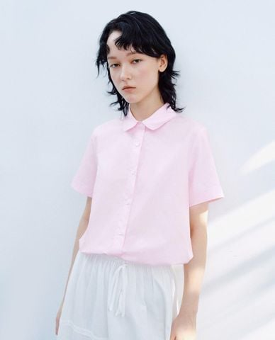  URBAN REVIVO - Áo sơ mi nữ cổ bẻ tay ngắn phối dây rút 