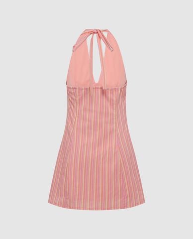  URBAN REVIVO - Đầm mini cổ yếm họa tiết kẻ sọc 