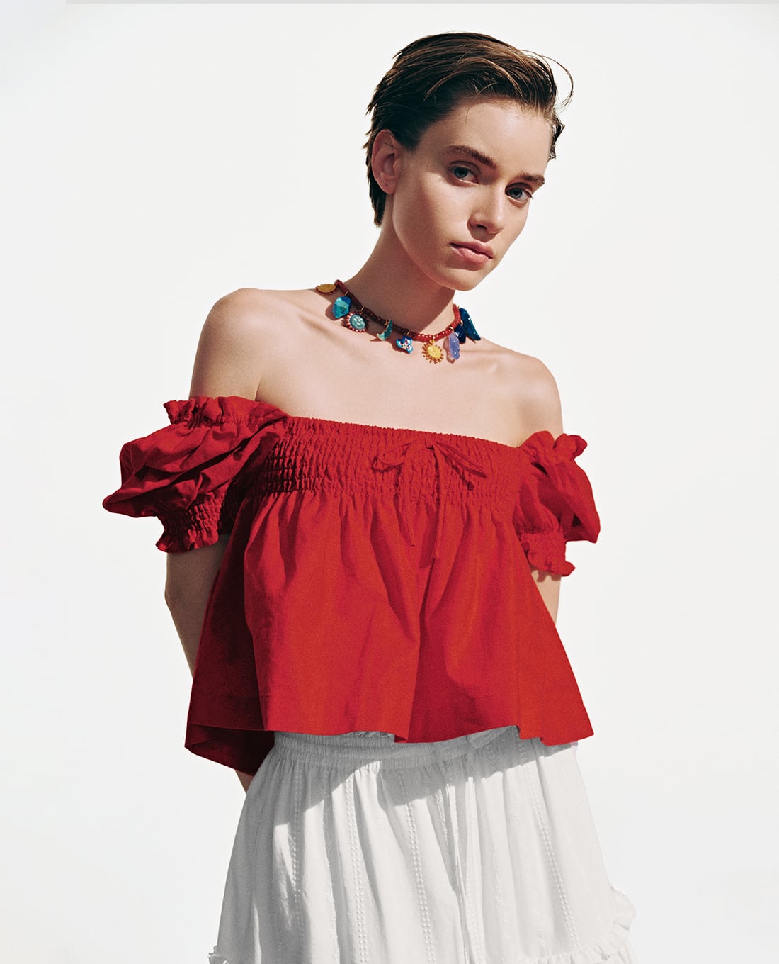 URBAN REVIVO - Áo kiểu nữ cổ vuông tay phồng nhún bèo