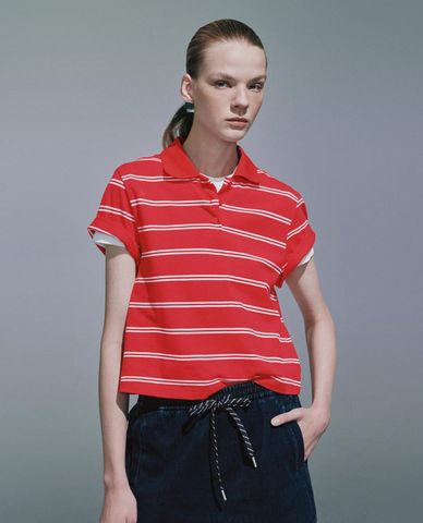  URBAN REVIVO - Áo polo nữ cổ bẻ tay ngắn kẻ sọc 