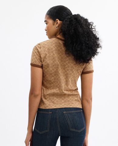  COACH - Áo thun nữ cổ tròn tay ngắn Signature Ringer 