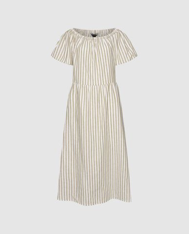  URBAN REVIVO - Đầm midi cổ tròn tay ngắn kẻ sọc 