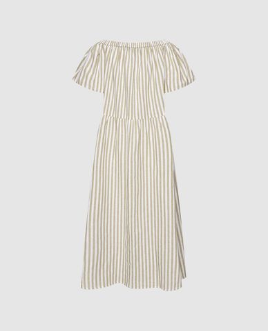  URBAN REVIVO - Đầm midi cổ tròn tay ngắn kẻ sọc 