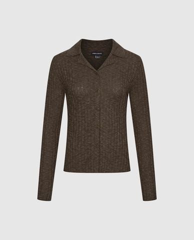  URBAN REVIVO - Áo dệt kim nữ cổ bẻ tay dài phom ôm 
