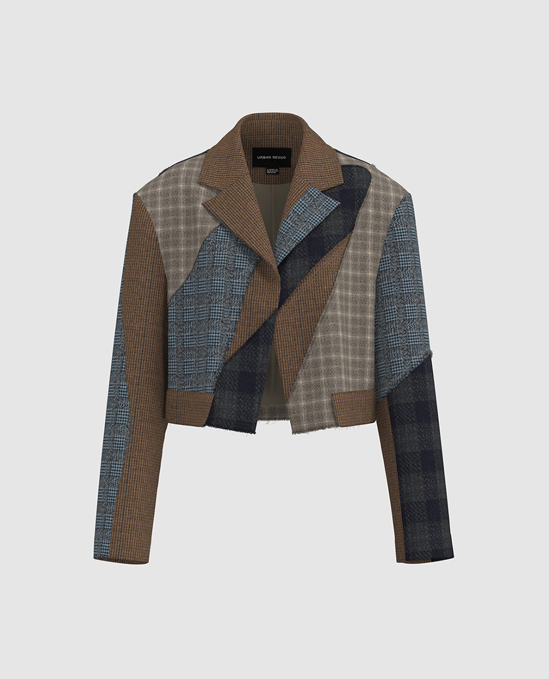 URBAN REVIVO - Áo khoác croptop nữ tay dài họa tiết caro