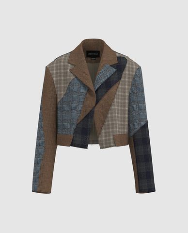  URBAN REVIVO - Áo khoác croptop nữ tay dài họa tiết caro 