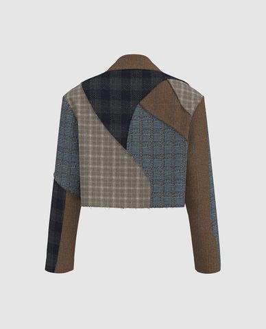  URBAN REVIVO - Áo khoác croptop nữ tay dài họa tiết caro 