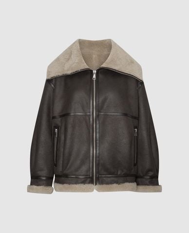  URBAN REVIVO - Áo khoác da nữ cổ bẻ tay dài phối lông 