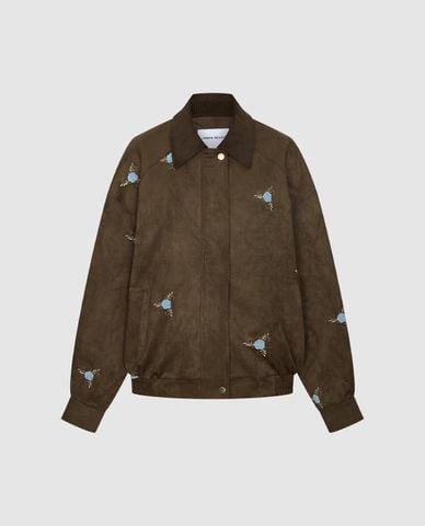  URBAN REVIVO - Áo khoác bomber nữ cổ bẻ tay dài thêu hoa 