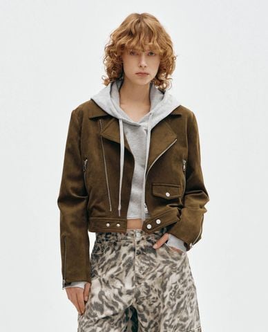  URBAN REVIVO - Áo khoác croptop nữ cổ bẻ tay dài khóa kéo 