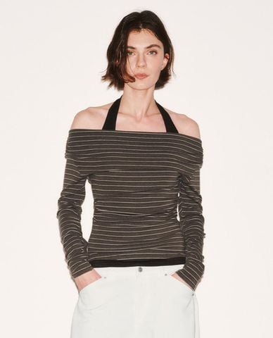  URBAN REVIVO - Áo trễ vai nữ tay dài kẻ sọc phom ôm 