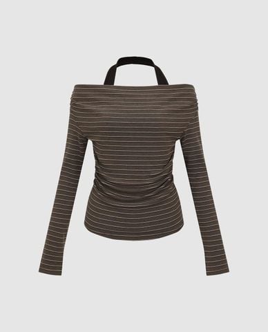  URBAN REVIVO - Áo trễ vai nữ tay dài kẻ sọc phom ôm 