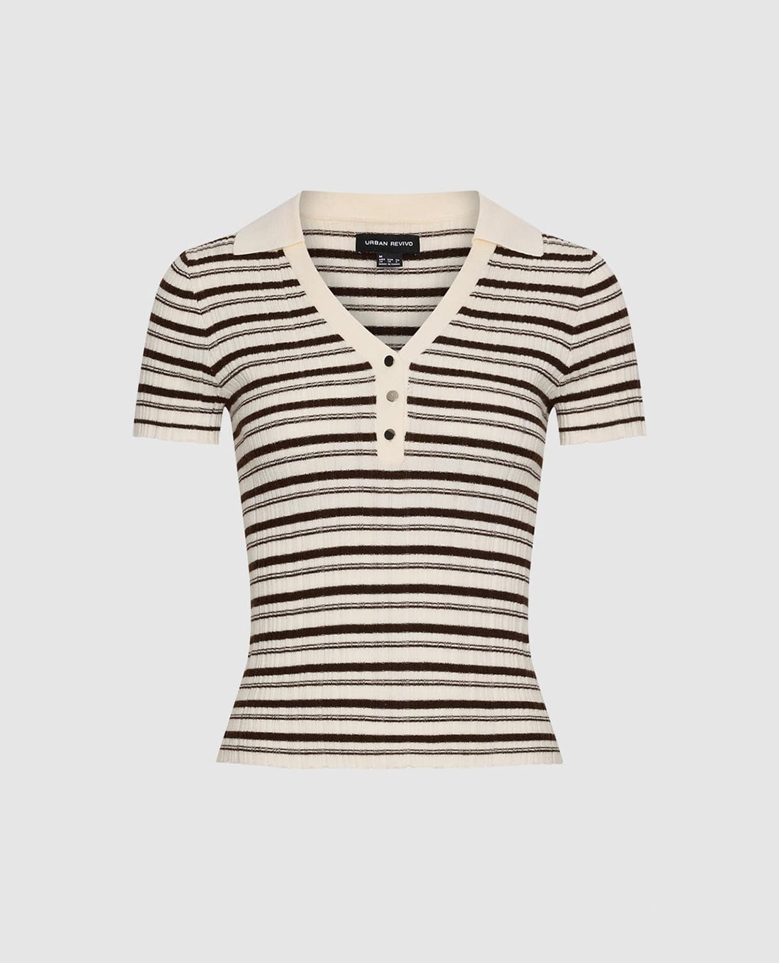 URBAN REVIVO - Áo dệt kim nữ cổ V tay ngắn kẻ sọc