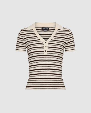  URBAN REVIVO - Áo dệt kim nữ cổ V tay ngắn kẻ sọc 