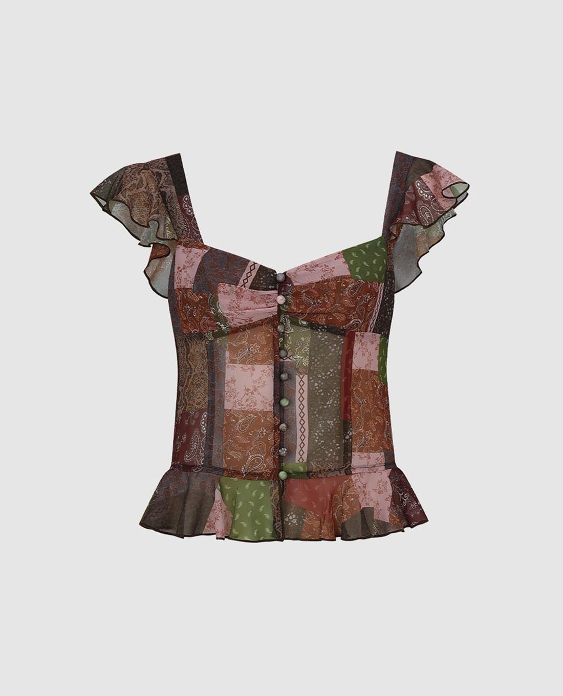 URBAN REVIVO - Áo kiểu nữ cổ vuông phối bèo in họa tiết