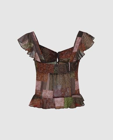  URBAN REVIVO - Áo kiểu nữ cổ vuông phối bèo in họa tiết 