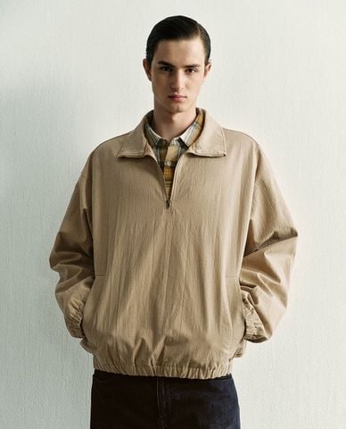  URBAN REVIVO - Áo khoác bomber nam cổ bẻ tay dài khóa kéo 
