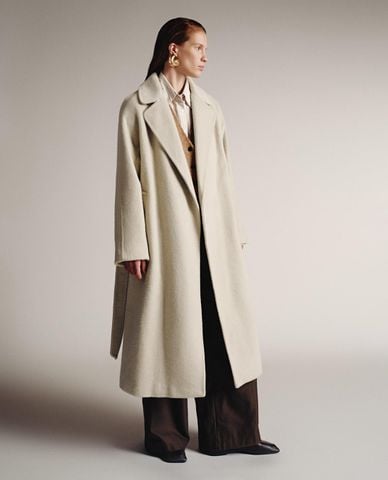  URBAN REVIVO - Áo khoác măng tô nữ dáng dài thắt đai 