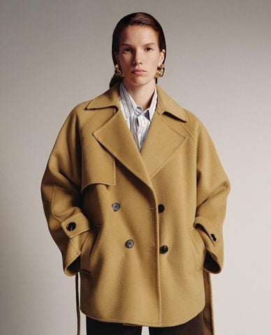  URBAN REVIVO - Áo khoác măng tô nữ dáng ngắn cổ ve bản lớn 