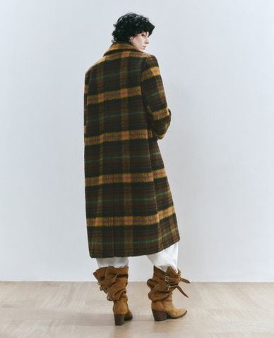  URBAN REVIVO - Áo khoác măng tô nữ dáng dài sọc caro 